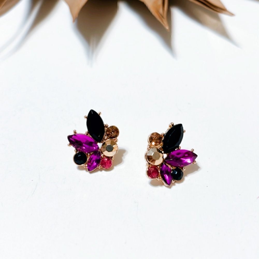 Anthropologie Glam Gold Tone Rhinestone Cluster Stud Earrings Black Pink Crystal